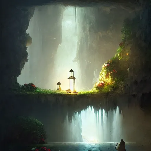 Image similar to cozy, hotspring hidden in a cave, candlelight, towels, cushions, natural light, roses, lush plants and flowers, elegant, smooth cave rock, fantasy, atmospheric lighting, digital painting, Greg Rutkowski concept art