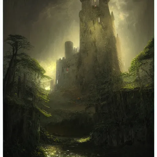 Image similar to portrait of a medieval castle in the rainforrest by Cedric Peyravernay, highly detailed, excellent composition, cinematic concept art, dramatic lighting