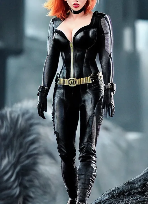 Image similar to , , Scarlett Johansson dressed as cat woman ,, Dramatic, Edge, Good, Infused, Backlight, De-Noise, VFX, insanely detailed and intricate, hypermaximalist, facial ,elegant, ornate, hyper realistic,