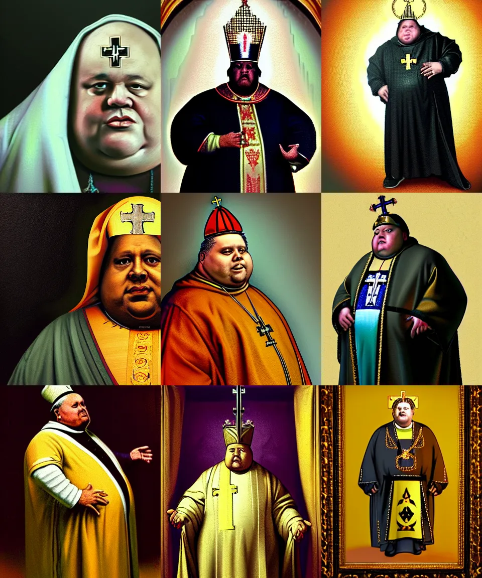 Prompt: half body shot, portrait of a morbidly obese radioactive archbishop, hyper realistic, wearing a big catholic mitre with the nuclear symbol and intrincate details. luxurious clothes, classic painting. artstation, digital painting, realism, rembrandt, van lieven, dramatic lighting