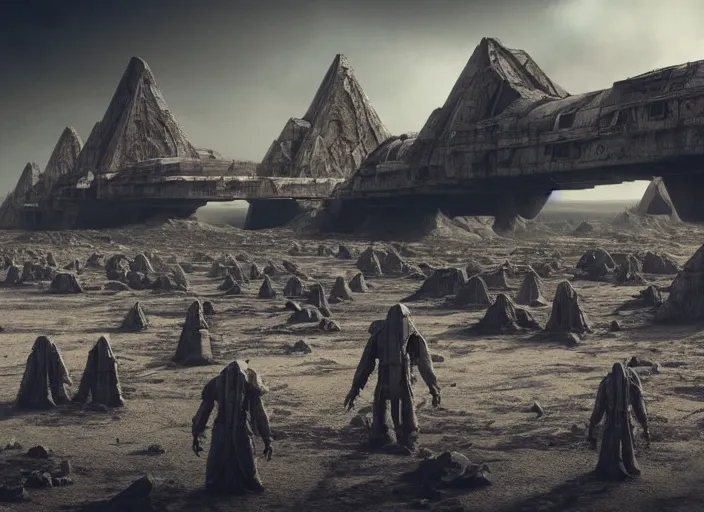 Prompt: bleak exoplanet landscape, massive abandoned alien tech, black mos eisley, skeletal temple buildings designed by hr giger, black clouds, hyper realistic octane render, hd, cinematic, beksinski