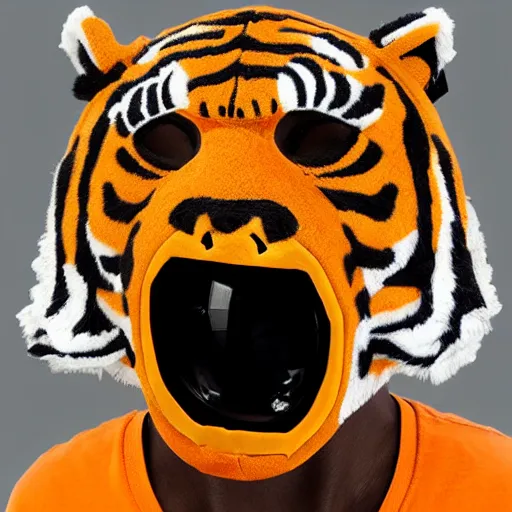 Prompt: a tiger wearing a cheap human Halloween mask