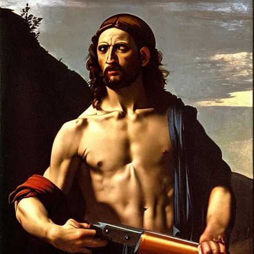 Image similar to Jesus Christ as Rambo a rocket launcher ,Caravaggio