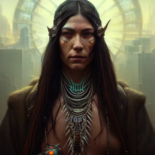 Image similar to portrait painting of a cyberpunk native american elven street samurai, ultra realistic, concept art, intricate details, eerie, highly detailed, photorealistic, octane render, 8 k, unreal engine. art by artgerm and greg rutkowski and charlie bowater and magali villeneuve and alphonse mucha