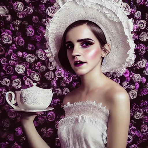 Prompt: on textured paper full body fashion model emma watson smokey eyes makeup eye shadow fantasy, glow, shimmer as victorian woman in a long white frilly lace dress and a large white hat having tea in a sunroom filled with flowers, roses and lush fern flowers ,intricate, night, highly detailed, dramatic lighting , high quality