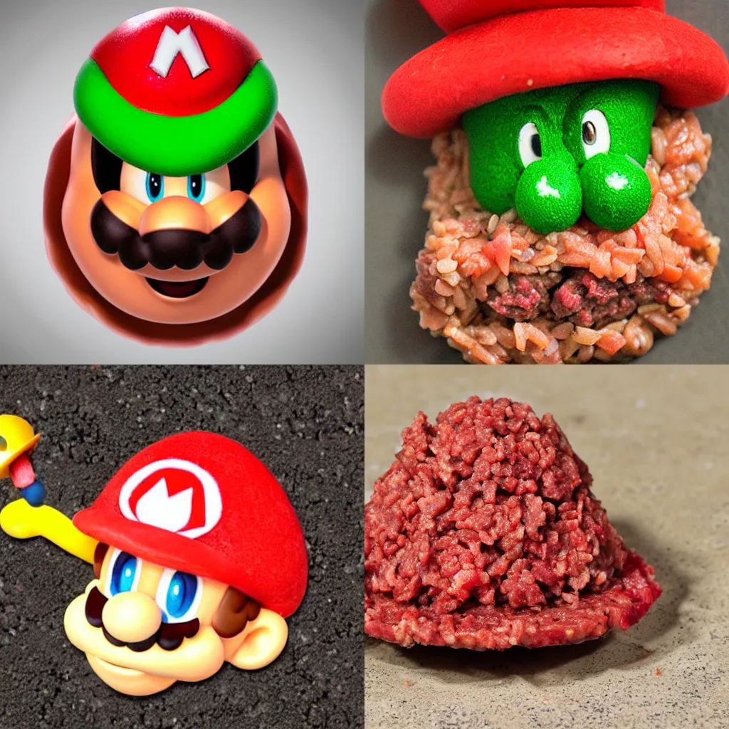 Prompt: a mario mushroom made of raw ground beef