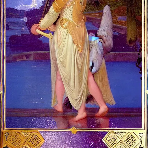 Image similar to Knight girl riding the horse at the palace, refracted sparkles, thunderstorm, greek pool, beach and Tropical vegetation on the background major arcana sky, by paul delaroche, alphonse mucha and arnold böcklin, hyperrealistic 8k, award-winning, very very very detailed