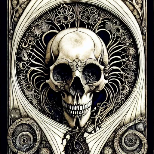 Prompt: memento mori by arthur rackham, art forms of nature by ernst haeckel, exquisitely detailed, art nouveau, gothic, ornately carved beautiful skull mask dominant, intricately carved antique bone, art nouveau botanicals, ornamental bone carving, art forms of nature by ernst haeckel, horizontal symmetry, ernst haeckel, symbolist, visionary