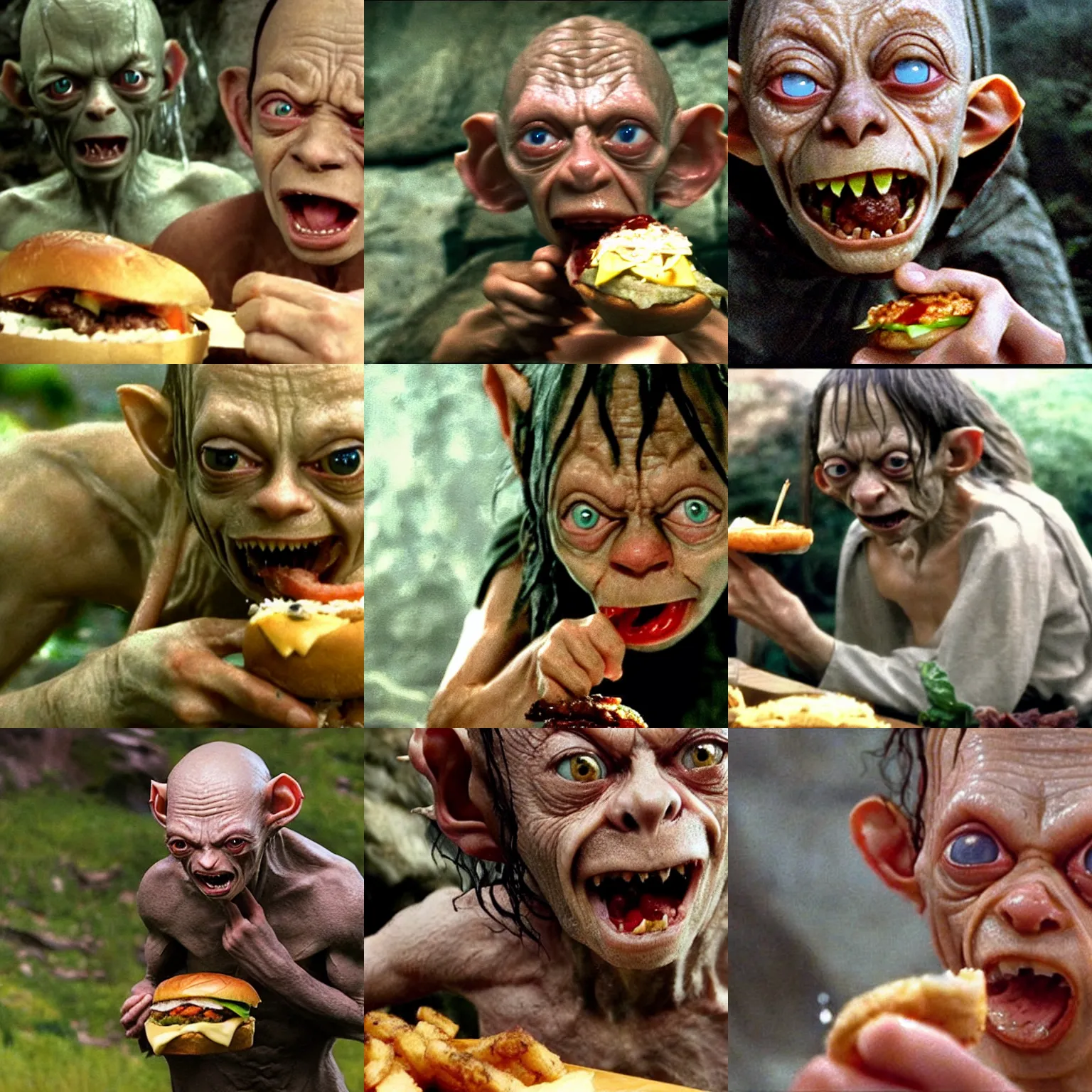 Prompt: still of gollum from lord of the rings devouring a juicy delicious burger