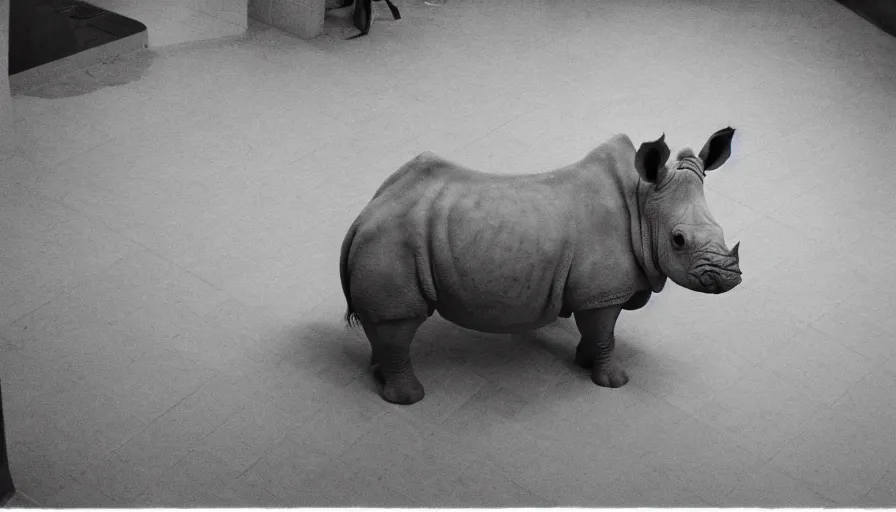 Image similar to a rhinoceros in a public bathroom with yellow tiles floor, mini dv camera found footage, very very low quality picture, heavy grain, heavy jpeg artifact blurry, caught on trail cam