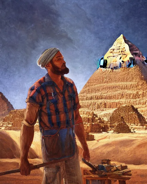 Image similar to detailed painting of an american lumberjack in front of the gizeh pyramids of egypt, deep focus, good lighting, rules of composition, intricate, greg rutkowski, magali villeneuve and monet