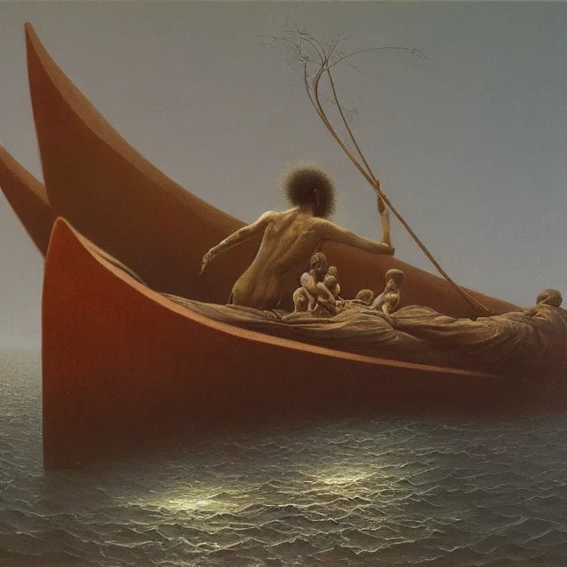 Image similar to A beautiful painting of In the same boat by Zdzisław Beksiński and Ilya Repin,In style of Abstract art.illustration,hyper detailed,smooth, sharp focus,trending on artstation,oil on the canvas,4k