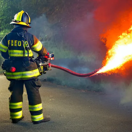 Image similar to photo of a firefighter using a flamethrower projecting a long bright flame. award-winning, highly-detailed