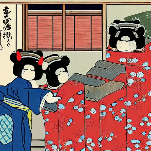 Image similar to Teddy bears shopping for groceries in the style of ukiyo-e