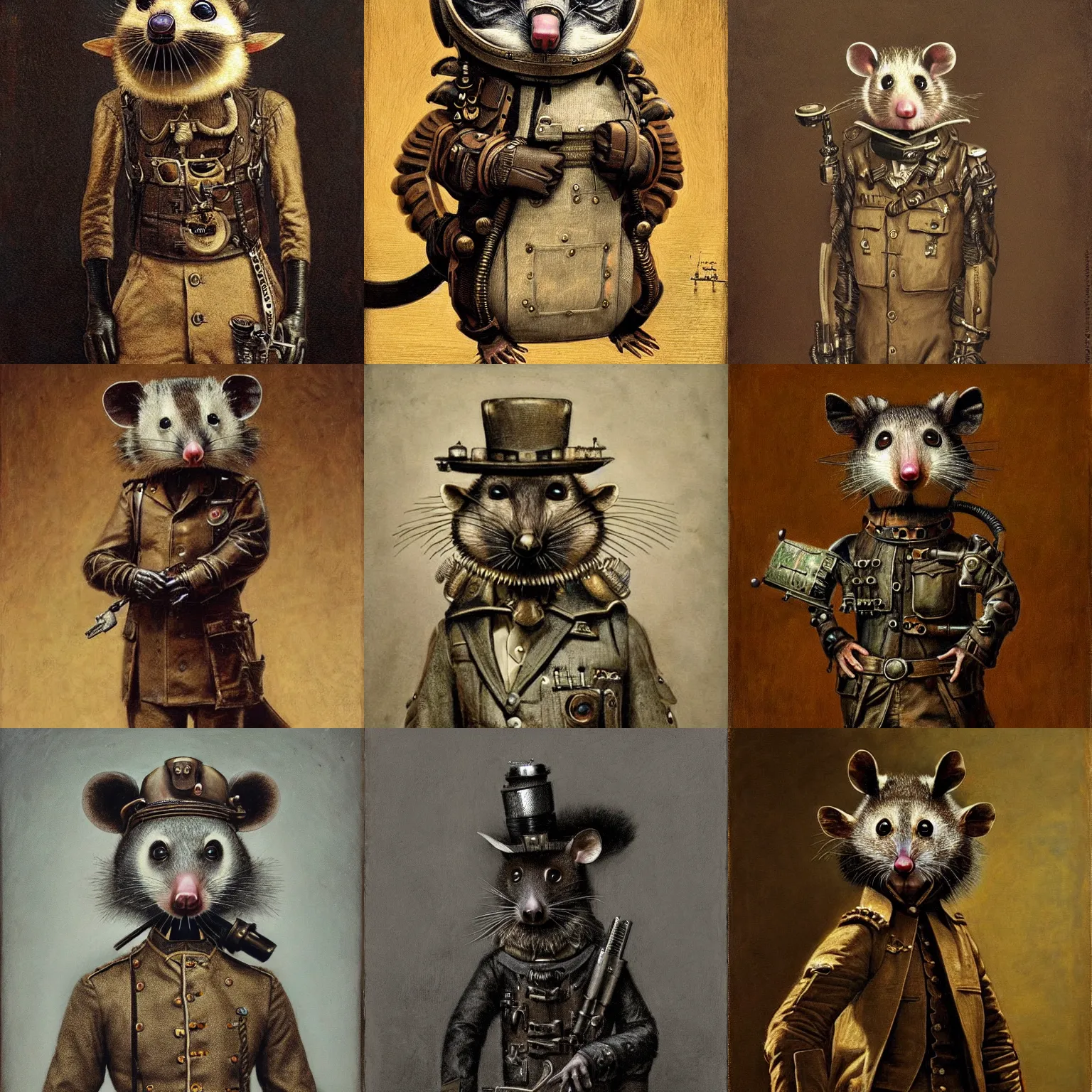 Prompt: anthropomorphous possum steampunk soldier, sci - fi art, intricate, elegant, highly detailed, photorealism, smooth, sharp focus, illustration, art by thomas eakins