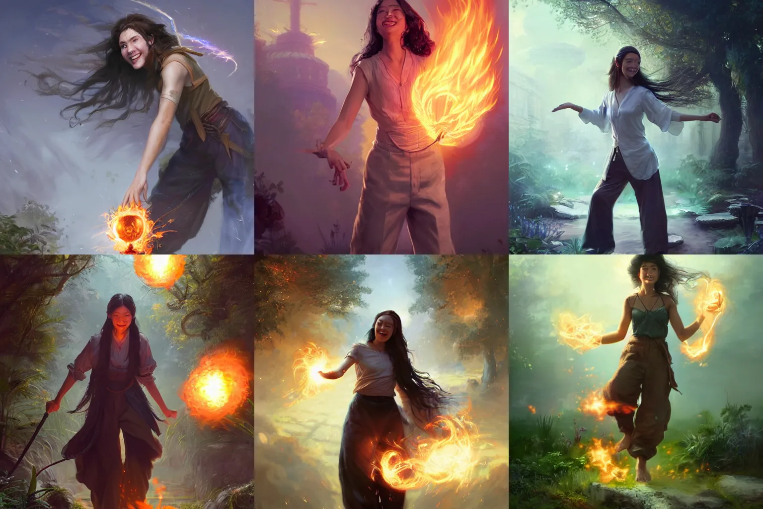 Prompt: smiling hapa sorceress in trousers wearing trousers casting a fireball and chasing will-o-wisps in a garden, orthodox saint, by Greg Rutkowski, breathtaking digital 2d cover art