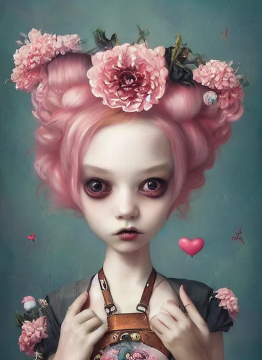 Prompt: pop surrealism, lowbrow art, realistic cute alice girl painting, pink bdy harness with flowers, japanese street fashion, hyper realism, muted colours, rococo, natalie shau, loreta lux, tom bagshaw, mark ryden, trevor brown style,