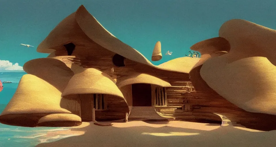 Image similar to environment art, seashell house where a hermit girl lives, atmospheric cinematography by syd mead and emmanuel lubezki