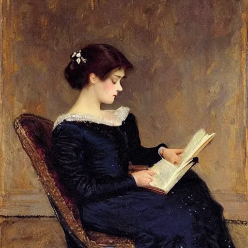 Prompt: young victorian lady in ball gown falling asleep while reading a book, painted by alfred stevens