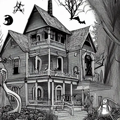 Image similar to spooky swamp mansion, black and white, pencil illustration, comic art, artstation