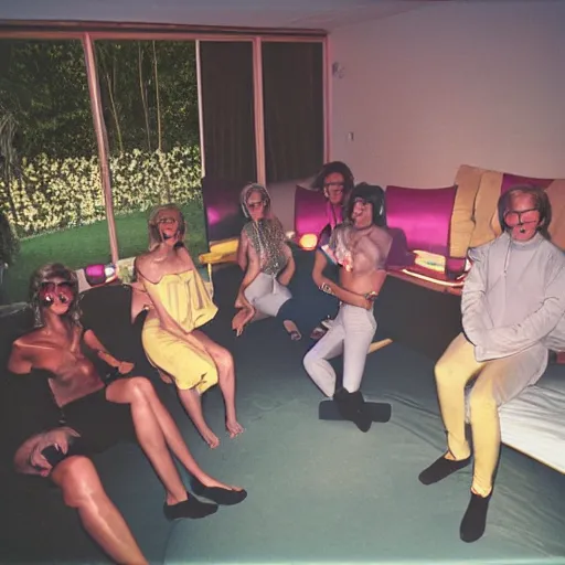 Prompt: first-person perspective view of people wearing shiny skiwear having a party inside of a 1970s luxury bungalow with a sunken living room, at dusk, ektachrome photograph, f8 aperture