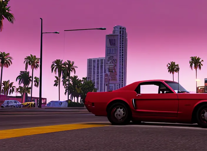 Image similar to still next - gen ps 5 game grand theft auto 6 2 0 2 4 remaster, graphics mods, rain, red sunset, people, reflections, gta vi, miami, palms and miami buildings, screenshot, unreal engine, 4 k, 5 0 mm bokeh, close - up ford mustang, gta vice city remastered, rtx, artstation