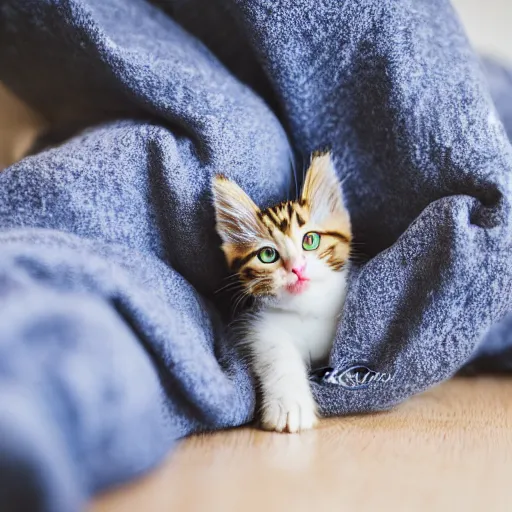 Image similar to a sleepy and cute kitten laying under a blanket, canon eos r 3, f / 1. 4, iso 2 0 0, 1 / 1 6 0 s, 8 k, raw, unedited, symmetrical balance, in - frame