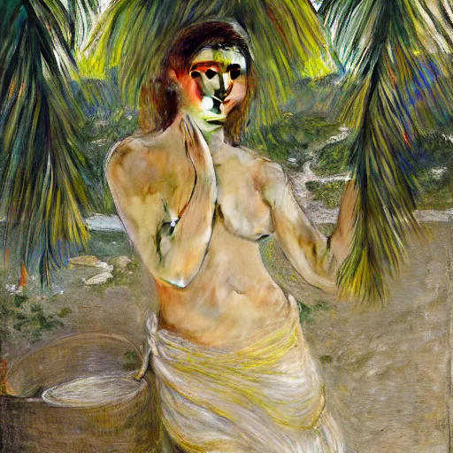 Image similar to a ultradetailed beautiful painting of a girl in the amazonas palace designed by jules bastien - lepage, hans belmer, frank weston and gustave baumann, beach, trending on artstation, mediterranean, palm trees, light sparkles, sharp focus, soft light, 8 k 4 k