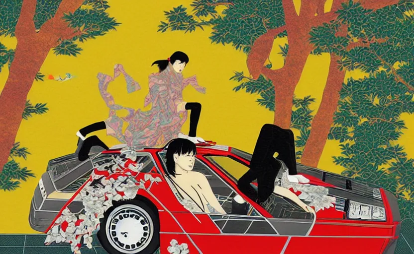 Image similar to a red delorean and a yellow tiger, painting by hsiao - ron cheng & utagawa kunisada, magazine collage style,