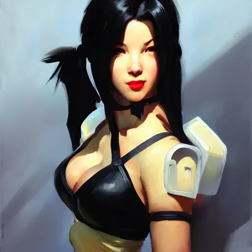 Image similar to Greg Manchess portrait painting o Tifa Lockheart as Overwatch character, medium shot, asymmetrical, profile picture, Organic Painting, sunny day, Matte Painting, bold shapes, hard edges, street art, trending on artstation, by Huang Guangjian and Gil Elvgren and Sachin Teng