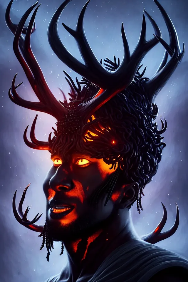 Image similar to a striking portrait of an eldritch black god king with black antlers and a burning horned crown on his head by moebius and ross tran and artgerm, trending on artstation, digital art, 4 k resolution, detailed, high quality, sharp focus, hq artwork, insane detail, volumetric lighting, character concept art, fine details, clear face