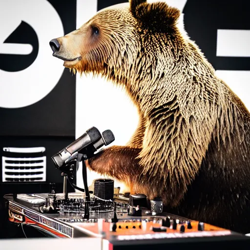 Image similar to an instagram photo of a grizzly bear dressed in hip hop street clothes in front of a dj table holding a microphone