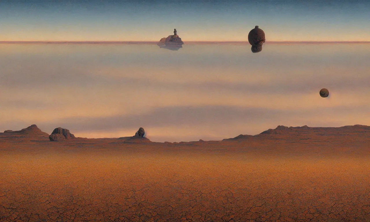 Prompt: a flat landscape with a horizon of surrealism, art by james gurney and greg rutkowski and rene magritte, surrealism by salvador dali, very detailed, high resolution, symmetry, volumetric lighting