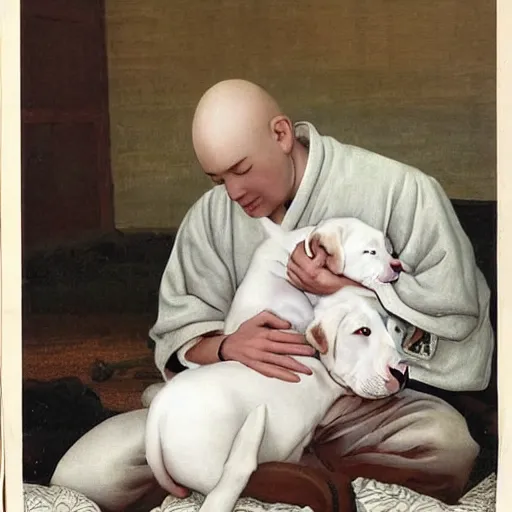 Prompt: tired white pitbull puppy curled up on a japanese man's lap, highly detailed painting, cozy aesthetic