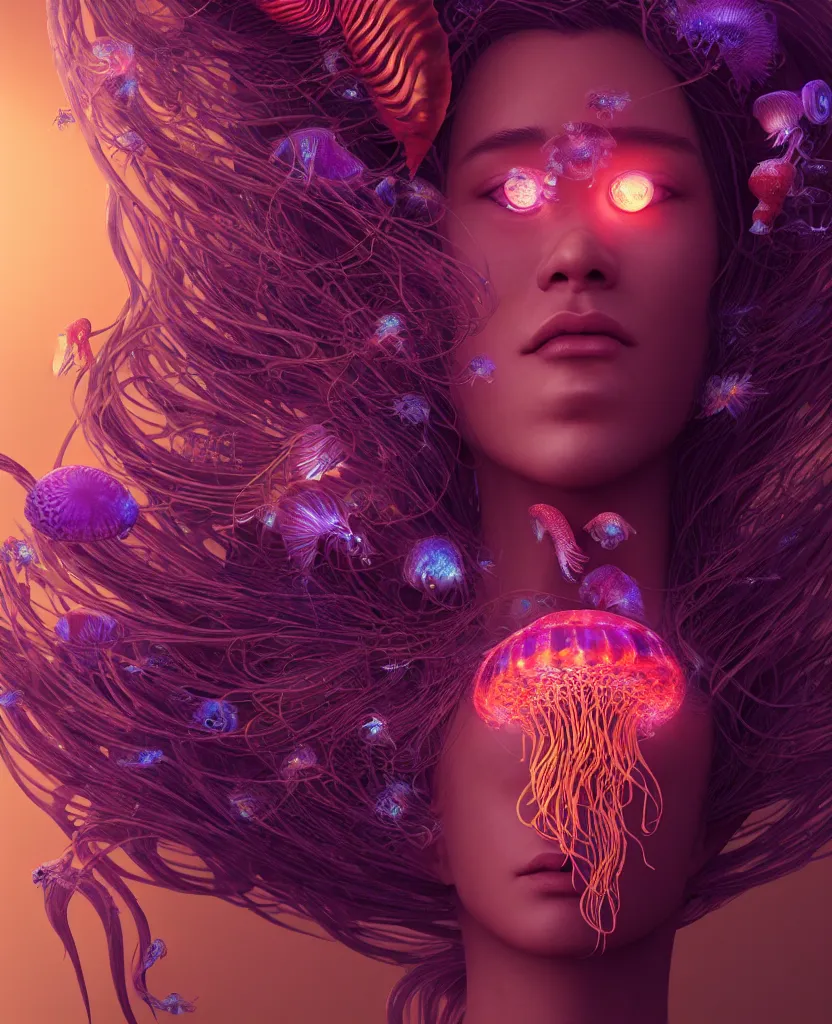 Image similar to goddess close-up portrait. jellyfish phoenix head, nautilus, orchid, skull, betta fish, bioluminiscent creatures, intricate artwork by Tooth Wu and wlop and beeple. octane render, trending on artstation, greg rutkowski very coherent symmetrical artwork. cinematic, hyper realism, high detail, octane render, 8k