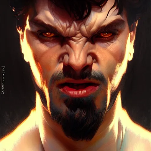 Image similar to face portrait of angry male demon, realistic, high qulity, 4 k, sharp fucos, tranding on art station, illustration, art by artgerm and greg rutkowski and alphonse mucha