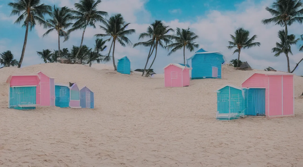 Prompt: pastel colored beach huts on a beach, low angle, close up, vray, single light source, dramatic lighting, cinematic