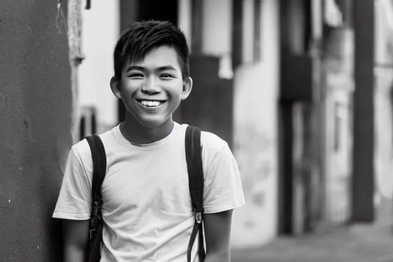 Image similar to still photo of a filipino teenange boy smiling at the camera on the street, black and white color aesthetic, highly detailed, photorealistic portrait, bright studio setting, studio lighting, crisp quality and light reflections, unreal engine 5 quality render