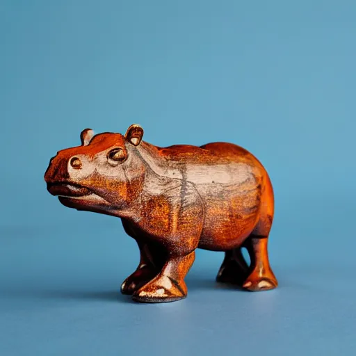 Image similar to small hippopotamus sculpture on a desk half wood and half blue epoxy sculpture, mix, decorative small, 3 5 mm macro photography, studio