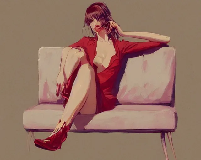 Prompt: a ultradetailed beautiful painting of a stylish woman sitting on a couch, by conrad roset, greg rutkowski and makoto shinkai trending on artstation