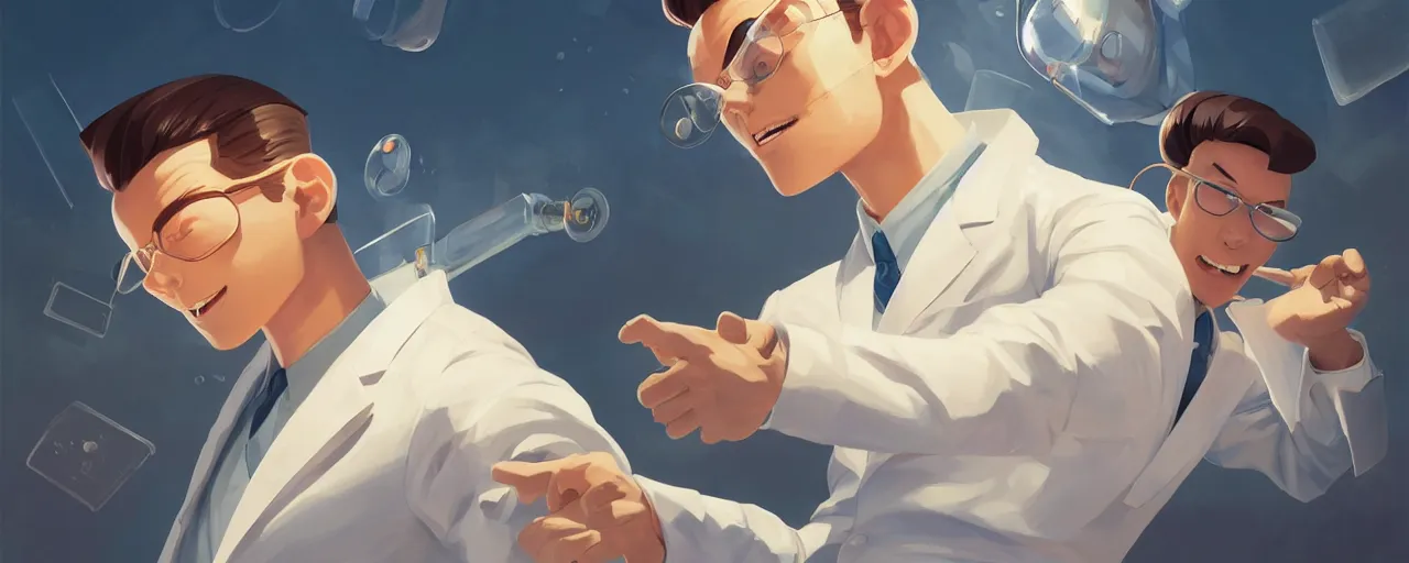 Prompt: exhousted young scientist with short slicked - back hair, sleeping in a labratory - wearing white suit, wearing jetpack, digital art, rough paper, behance hd by jesper ejsing, by rhads, makoto shinkai and lois van baarle, ilya kuvshinov, rossdraws global illumination.