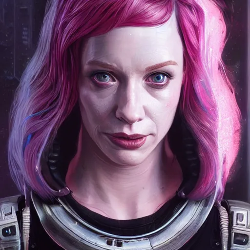 Image similar to highly detailed upper body portrait christina hendricks wearing shiny metallic pink plastic armor cyberpunk in gta v, stephen bliss, unreal engine, fantasy art by greg rutkowski, loish, rhads, ferdinand knab, makoto shinkai and lois van baarle, ilya kuvshinov, rossdraws, tom bagshaw, global illumination, radiant light, detailed and intricate environment