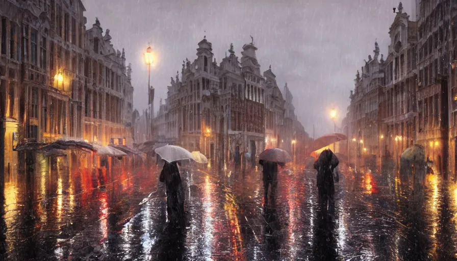 Prompt: brussels under rain, people with umbrella, evening, wet paved road, hyperdetailed, artstation, cgsociety, 8 k