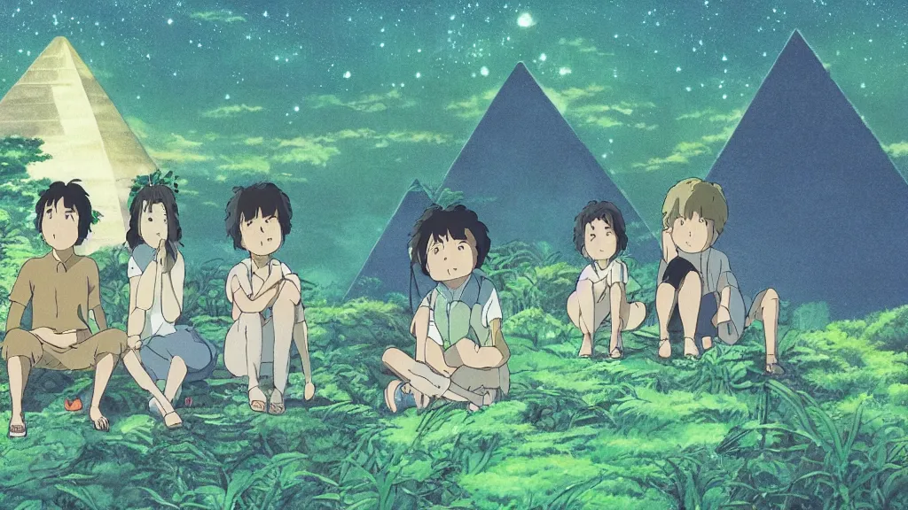 Image similar to a movie still from a studio ghibli film showing a glowing pyramid in the rainforest. a group of giant aliens meditate outside on a misty and starry night. by studio ghibli