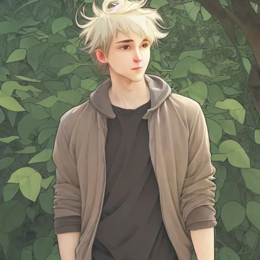 Image similar to young man with short, ash blond greyish hair, light brown eyes, casual clothes, relaxing, happy, path traced, highly detailed, high quality, digital painting, by studio ghibli and alphonse mucha, leesha hannigan, beautiful details, soft and warm