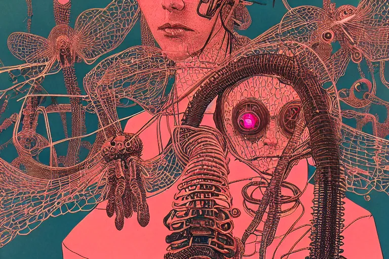 Image similar to risograph grainy drawing vintage sci - fi, satoshi kon color palette, arzach bird covered with robot parts and wires, wearing futuristic layered scaphander with lot tentacles, insects and dragonflies around, painting by moebius and satoshi kon and dirk dzimirsky close - up portrait