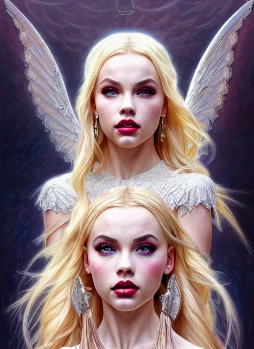 Image similar to ultra realistic illustration, a stunningly beautiful greek gothic goddess of chaos played by jordyn jones and dove cameron and margot robbie and taylor swift and megan fox, intricate, elegant, highly detailed, digital painting, artstation, concept art, smooth, sharp focus, illustration, art by artgerm and greg rutkowski and alphonse mucha