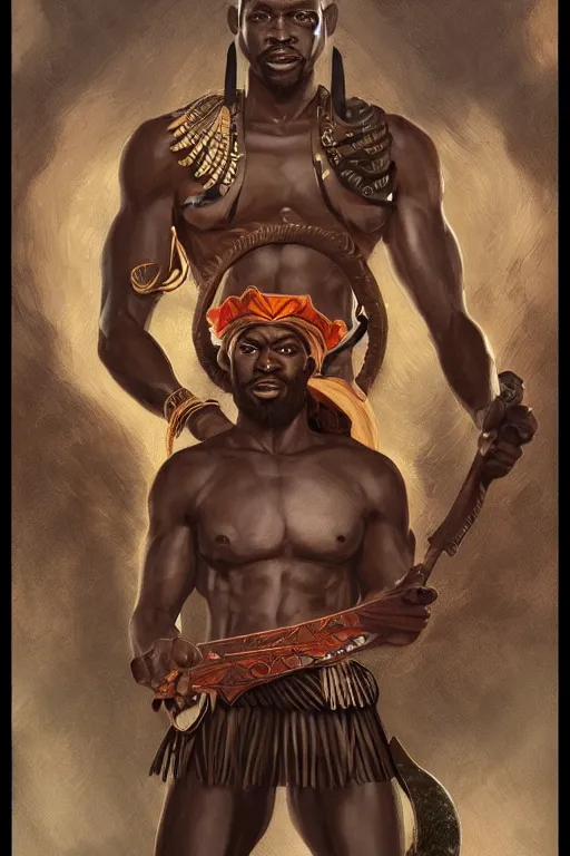 Prompt: ogun and his knives, African warrior deity, ancestral hunter God, masculine and menacing, cinematic mid portrait , digital illustration, octane render trending on arstation by artgerm, raphaelite and mucha