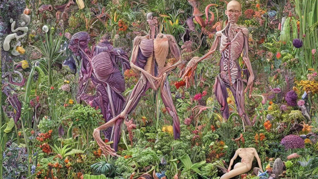 Prompt: highly detailed illustration of a single human anatomy body surrounded by all the known species of plants and flowers by juan gatti, by moebius!, by oliver vernon, by joseph moncada, by damon soule, by manabu ikeda, by kyle hotz, by dan mumford, by kilian eng