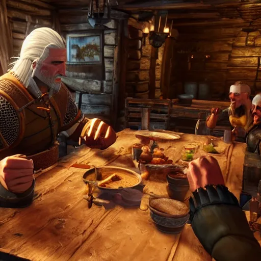 Prompt: geralt eating beans in a tavern, witcher 3 in game screenshot, epic composition